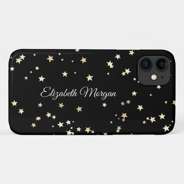 Large Gold Stars on Black, White Script Name Case-Mate iPhone Case (Back (Horizontal))