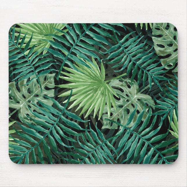 Large Green Fern Palm and Monstera Tropical Plants Mouse Pad (Front)