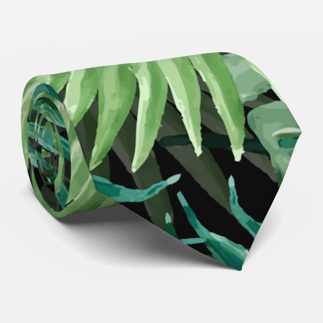Large Green Fern Palm and Monstera Tropical Plants Tie (Rolled)