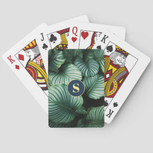Large Green Leaves Design, Yellow Monogram Playing Cards