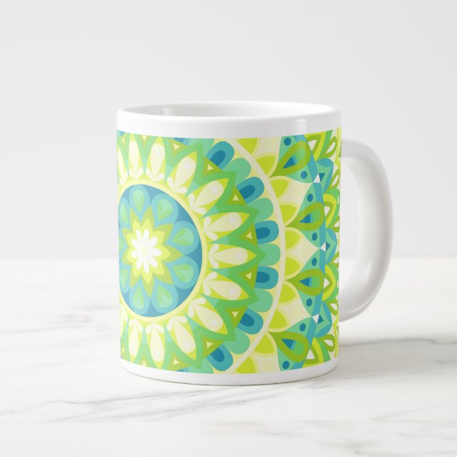 Large Green Mandala Nature Inspired Boho Oversized Coffee Mug (Front Right)