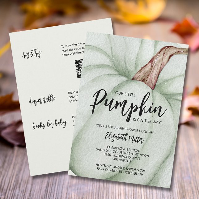 Large Green Pumpkin Baby Shower All in One Invitation (Green pumpkin baby shower all in one invitations,  registry, diaper raffle & books for baby on back)