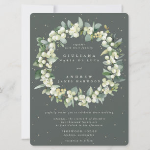 Large Green Snowberry + Eucalyptus Wreath Wedding Invitation