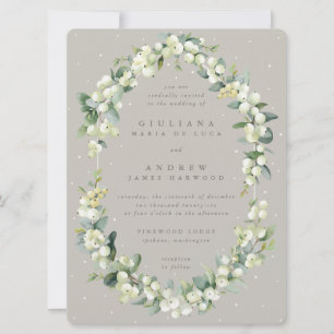 Large Greige Snowberry+Eucalyptus Winter Wedding Invitation