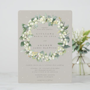 Large Greige Snowberry+Eucalyptus Wreath Wedding Invitation