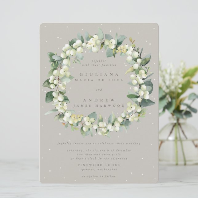 Large Greige Snowberry+Eucalyptus Wreath Wedding Invitation (Standing Front)