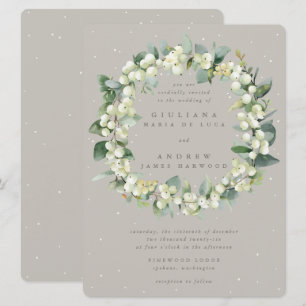 Large Greige Snowberry+Eucalyptus Wreath Wedding Invitation