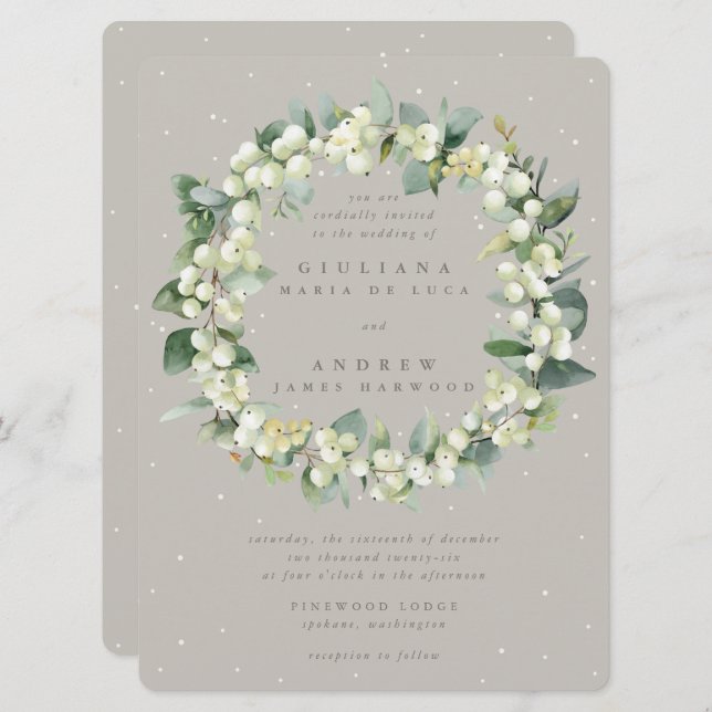 Large Greige Snowberry+Eucalyptus Wreath Wedding Invitation (Front/Back)