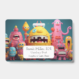 Large group of colorful monsters ID badge