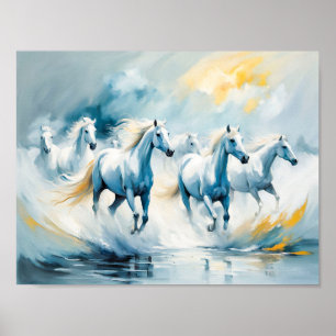Large Group of White Horses Running Through Sea Poster