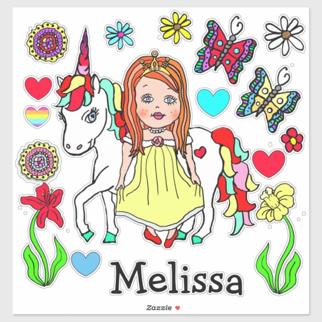 Large Hand Drawn Princess and Unicorn and Name (Sheet)