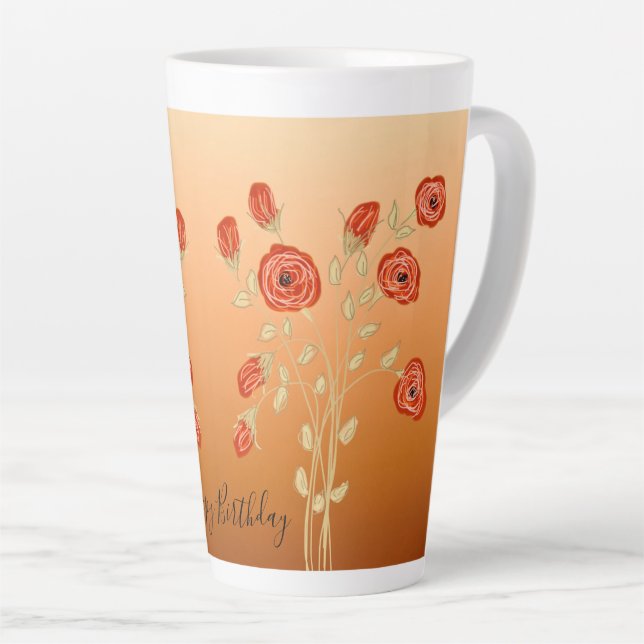 Large Happy Birthday Latte Mug With Rose Print (Right Angle)