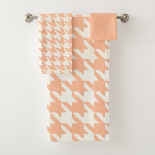Large Houndstooth Pattern Peachy Coral & White Bath Towel Set