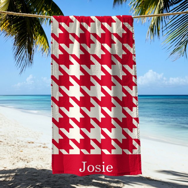 Large Houndstooth Pattern Raspberry Red Beach Towel (Creator Uploaded)