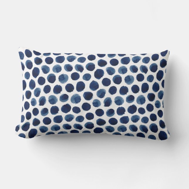 Large Indigo/Blue Watercolor Polka Dot Pattern Lumbar Cushion (Front)