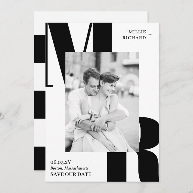 Large Initials Modern Black White Typography Photo Save The Date (Front/Back)