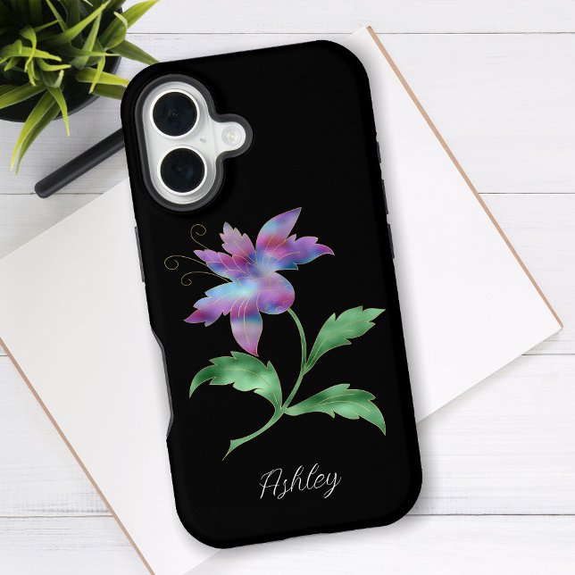 Large Iridescent Flower, Script Name on Black iPhone 16 Case (Creator Uploaded)