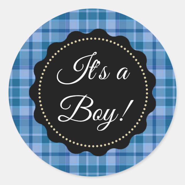 Large It's a Boy! Baby Shower Blue Plaid Stickers (Front)