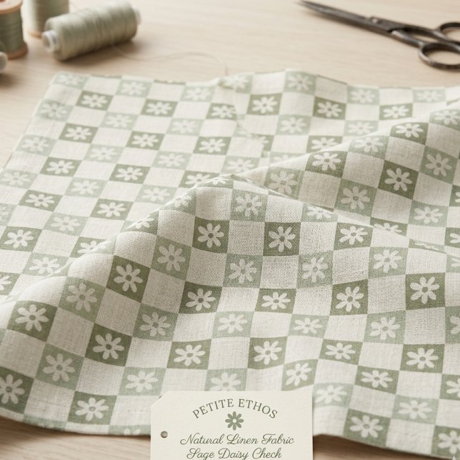Large Light Green Daisy Chequerboard Natural Linen Fabric (Creator Uploaded)