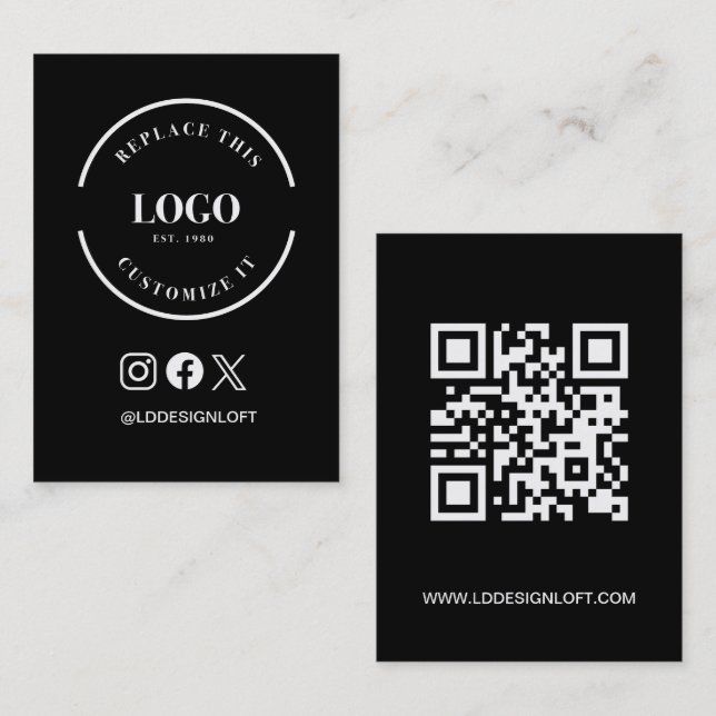 Large Logo Website Social Icons Custom Black Business Card (Front/Back)