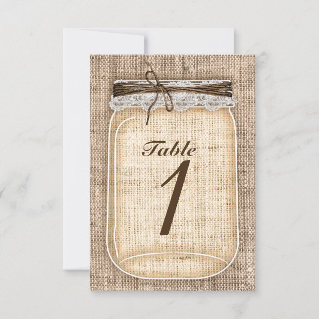 Large Mason Jar & Burlap Lace Rustic Table Number (Front)