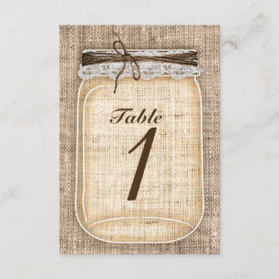 Large Mason Jar & Burlap Lace Rustic Table Number