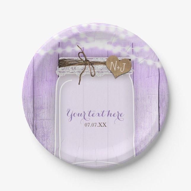 Large Mason Jar & Lights Lavender Purple Rustic Paper Plate (Front)