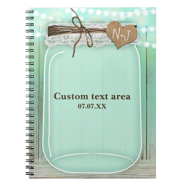 Large Mason Jar & Lights Mint Rustic Journal (Front)