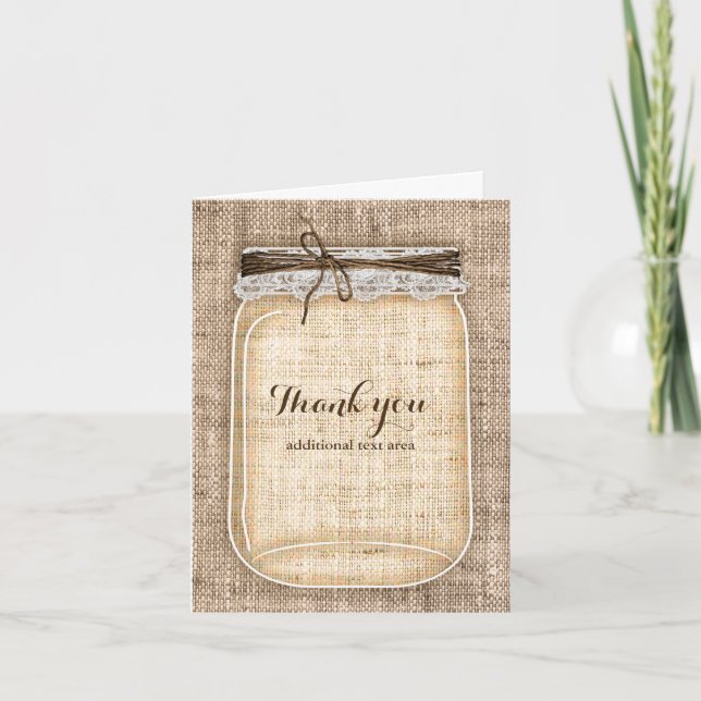 Large Mason Jar with Burlap & Lace Rustic Wedding Thank You Card (Front)