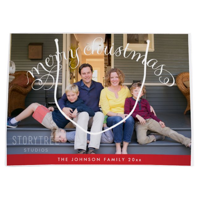 Large Merry Christmas Family Photo Large Gift Bag (Front)