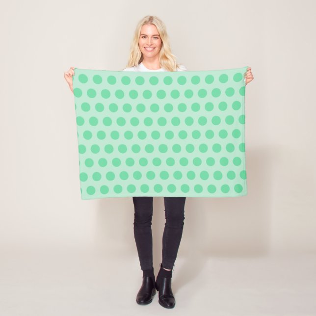 Large mint green polka dots pattern, retro style fleece blanket (In Situ)