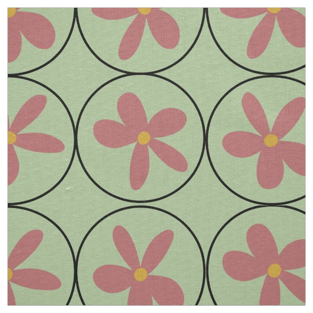 Large Mint Retro Floral Tile Ivory Linen Fabric (Swatch)