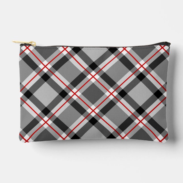 Large Modern Plaid, Black, White, Grey and Red Accessory Pouch (Front)