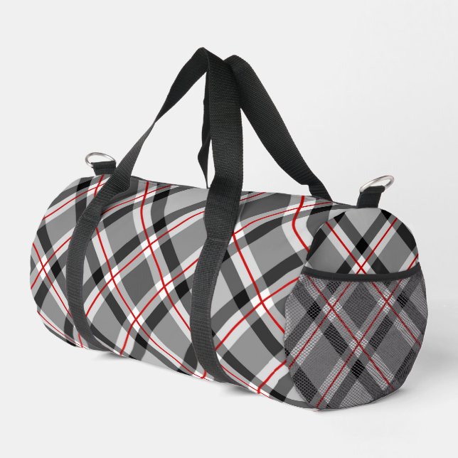 Large Modern Plaid, Black, White, Grey and Red Duffle Bag (Right Corner)
