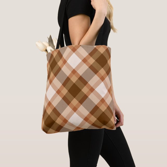 Large Modern Plaid, Brown, Beige, Copper, and Tan  Tote Bag (Close Up)