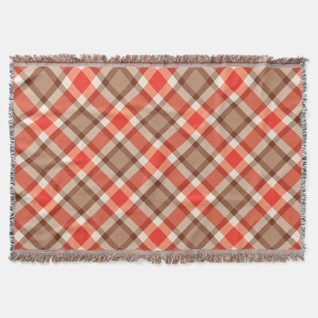 Large Modern Plaid, Coral Orange, Brown & Tan Throw Blanket (Front)