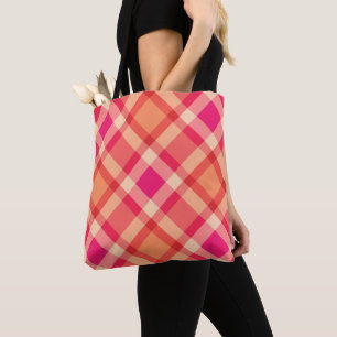 Large Modern Plaid, Orange, Coral and Fuchsia Pink Tote Bag