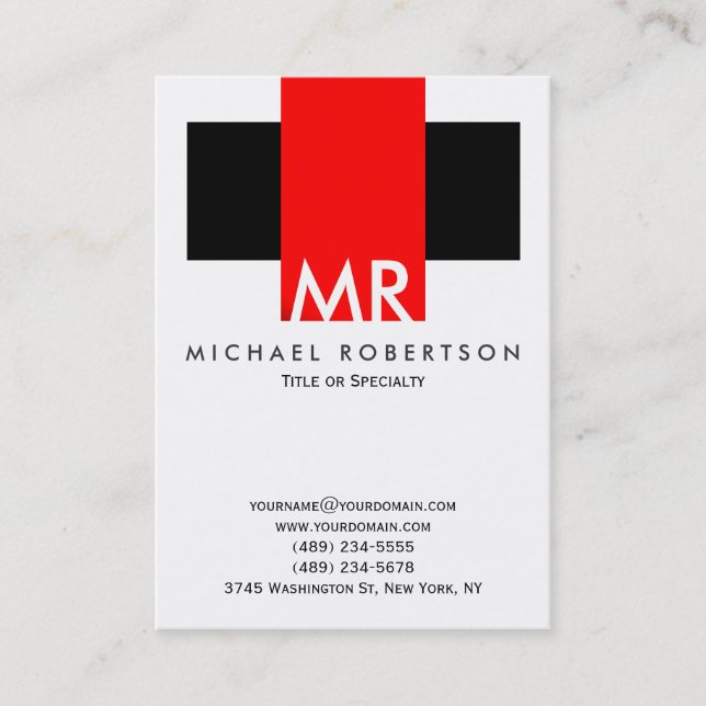 Large Monogram Black White Red Clean Business Card (Front)