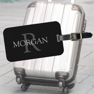 Large Monogram & Name, Black & Grey Text Luggage Tag