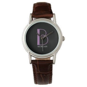 Large Monogram & Name, Lavender/White Text, Black Watch