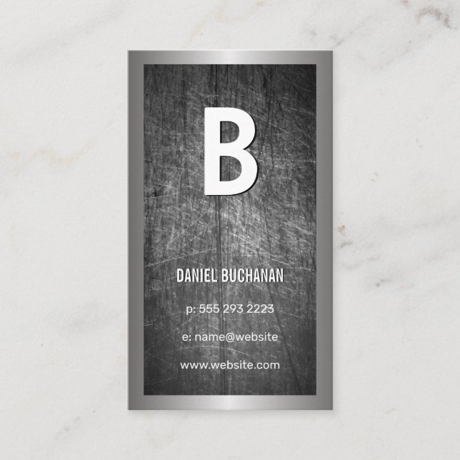Large Monogram | Scratched Metal Silver Border Business Card (Front)
