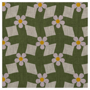 Large Moss Abstract Floral Grid Natural Linen Fabric