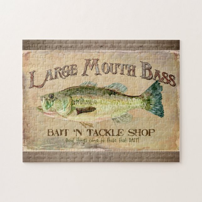 Large Mouth Bass Fisherman Cabin Wood Boards Jigsaw Puzzle (Horizontal)