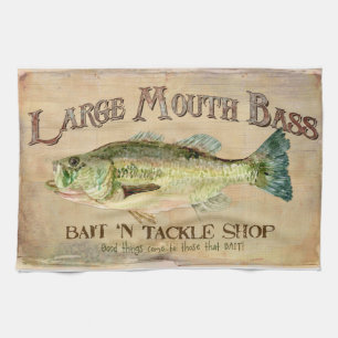 Large Mouth Bass Fisherman Cabin Wood Boards Tea Towel