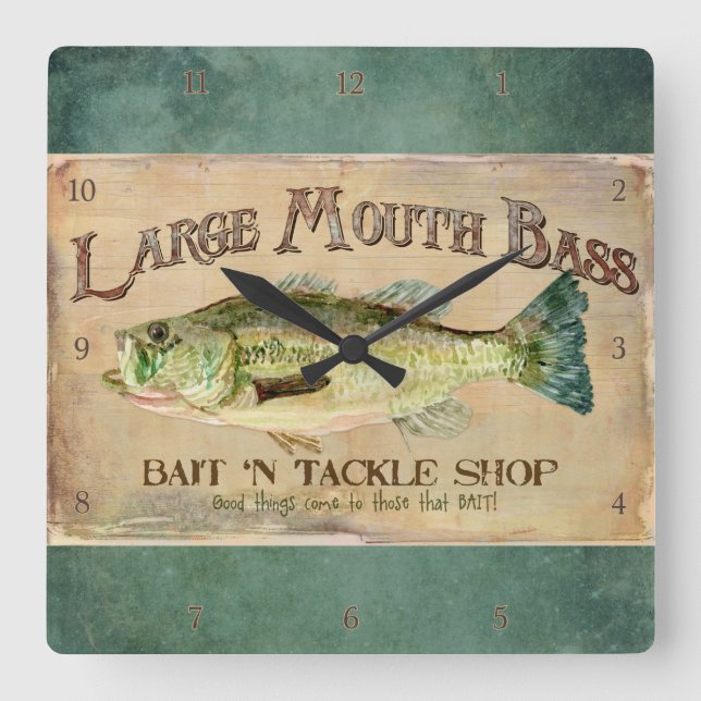 Large Mouth Bass Fishing Lake Cabin Decor Blue Square Wall Clock (Front)