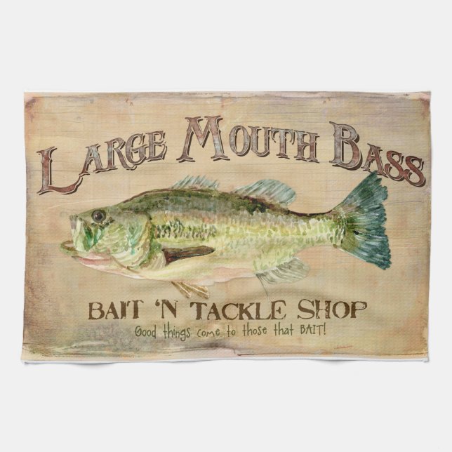Large Mouth Bass Fishing Lake Cabin Decor Blue Tea Towel (Horizontal)