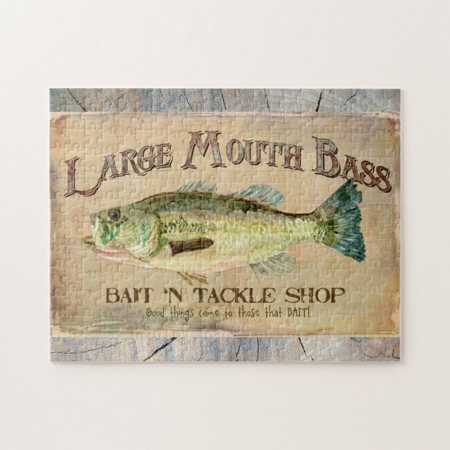 Large Mouth Bass Lakeside Fishing Cabin Wood Jigsaw Puzzle (Horizontal)