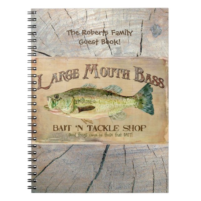 Large Mouth Bass Lakeside Fishing Cabin Wood Spiral Notebook (Front)