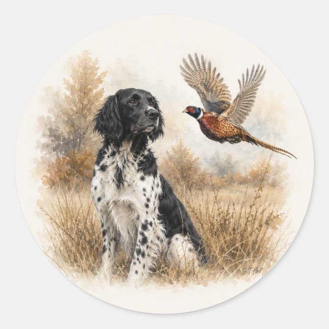 Large Münsterländer with  Pheasant Classic Round Sticker (Front)