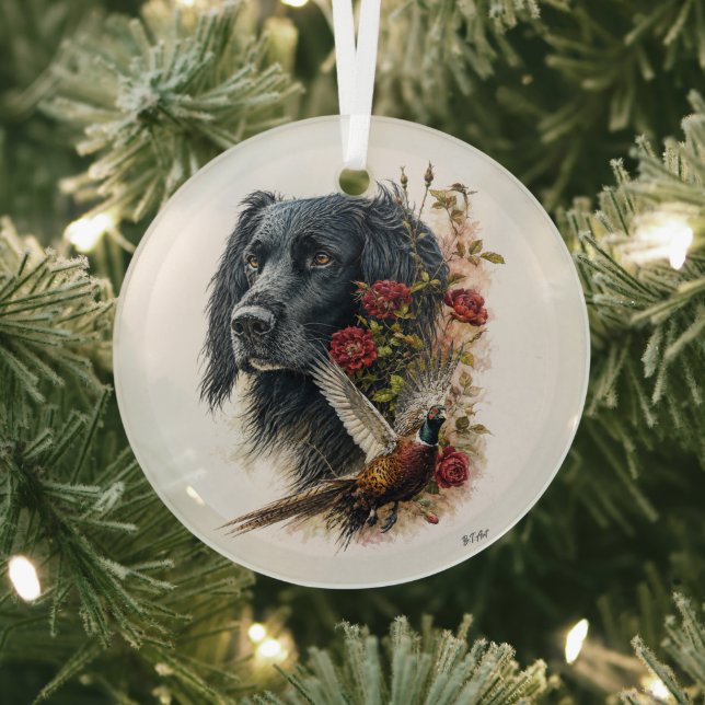 Large Munsterlander with pheasant   Glass Tree Decoration (Insitu)